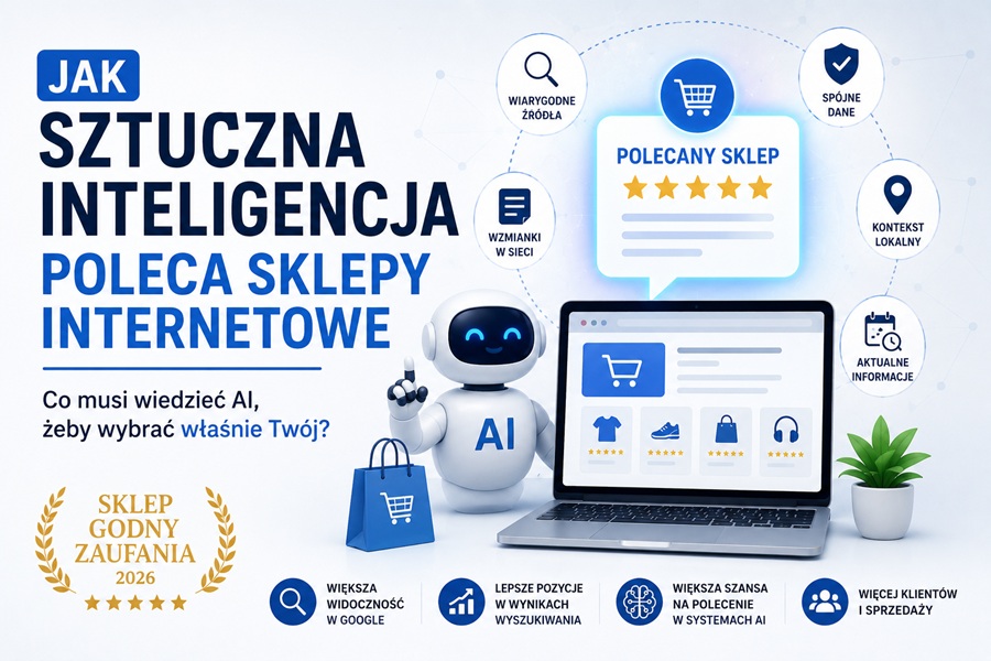 Systemy AI analizują obecność sklepu w internecie, spójność danych i wzmianki o marce, aby rekomendować sklepy użytkownikom. Sztuczna inteligencja poleca sklepy internetowe na podstawie widoczności i wiarygodności w sieci
